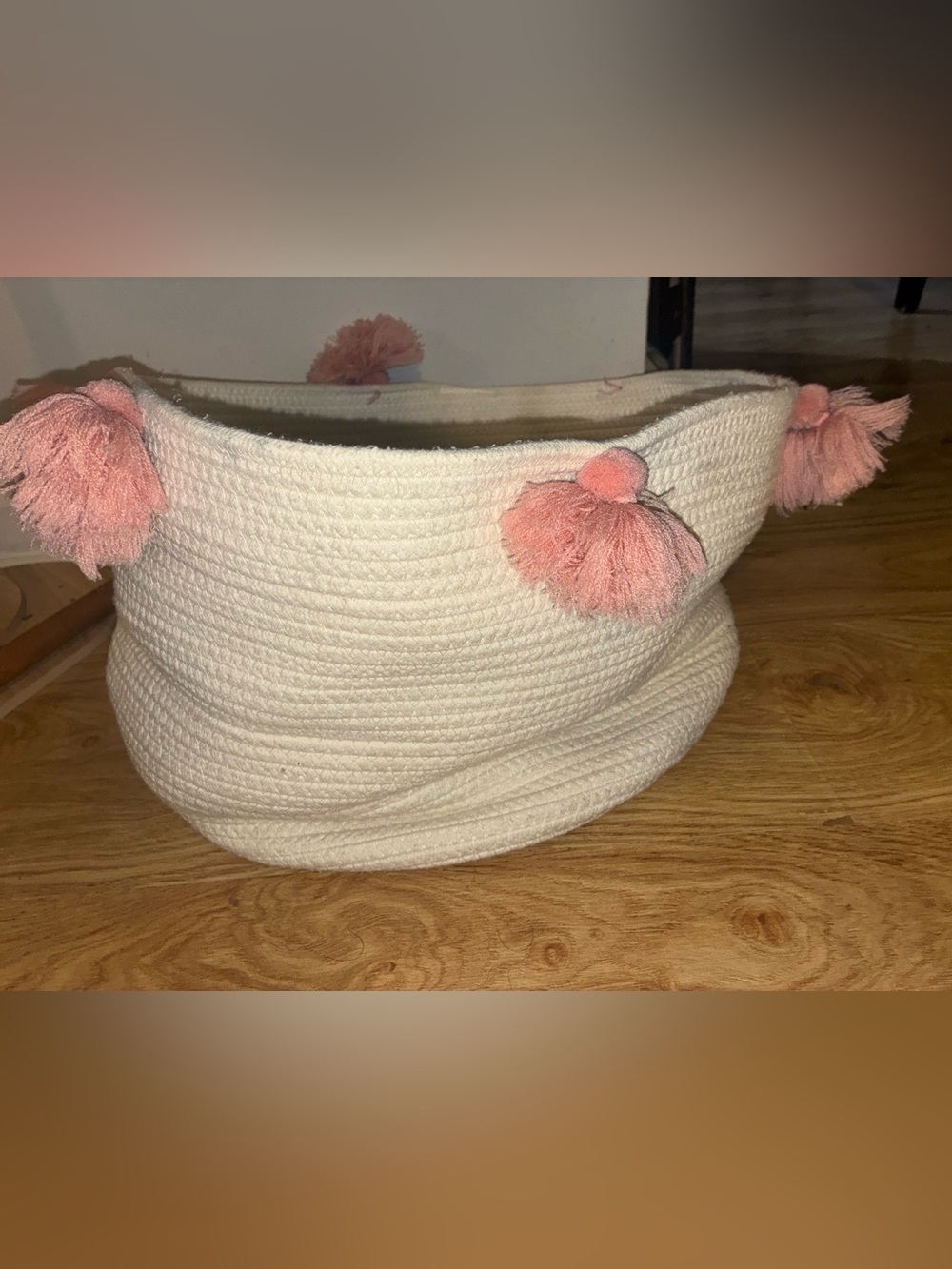 Large Macrame Woven Basket with Pink Tassels Pom Poms